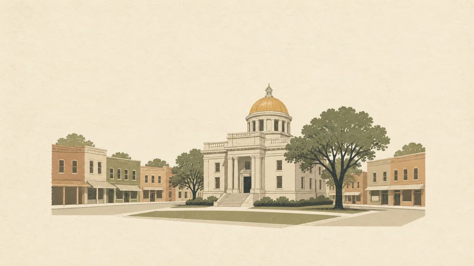 Illustration of a domed courthouse block at the centre of a square ringed by low storefronts.