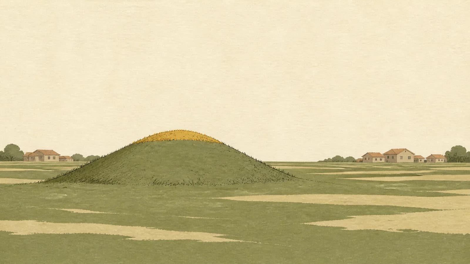 Illustration of a low grassy rise in open meadow with rooftops kept back at the frame edges.