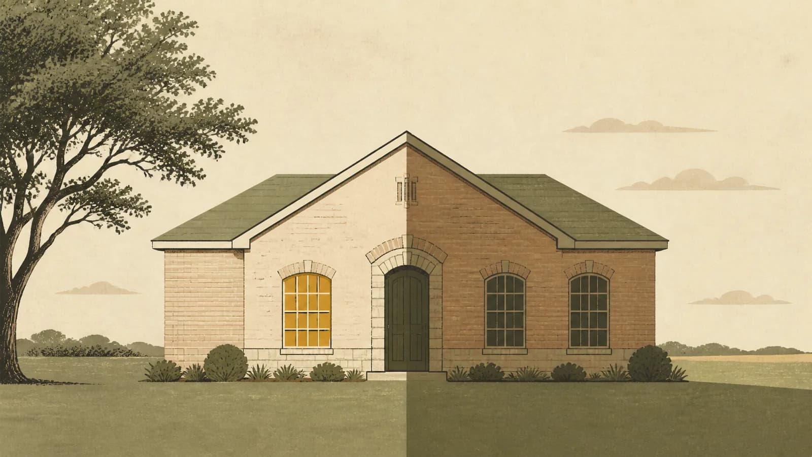 Illustration of a house whose facade is split down the middle into a sunlit half and a shaded half.