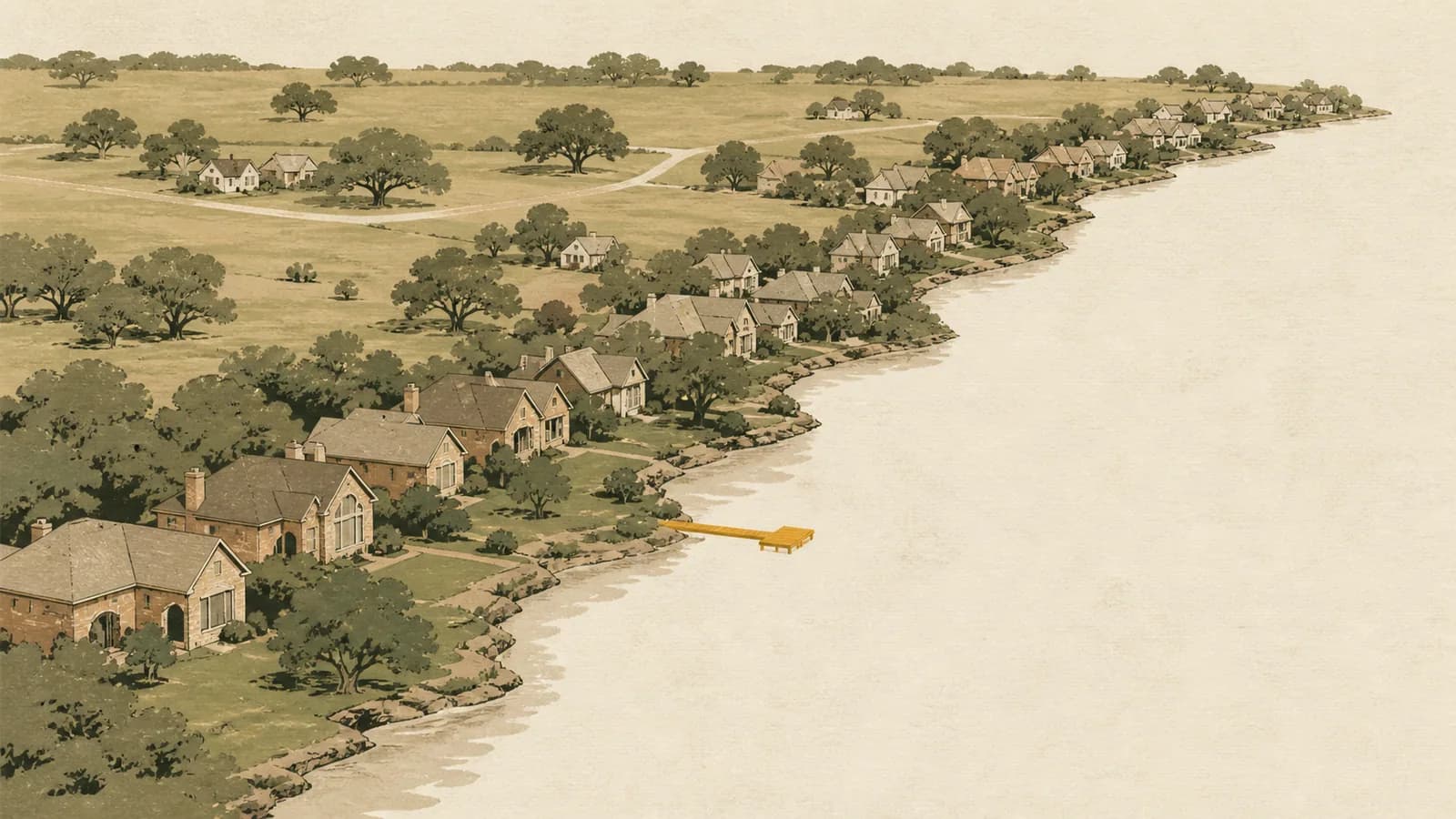 Illustration of a curving lake shoreline with rooftops packed along the water and one dock.