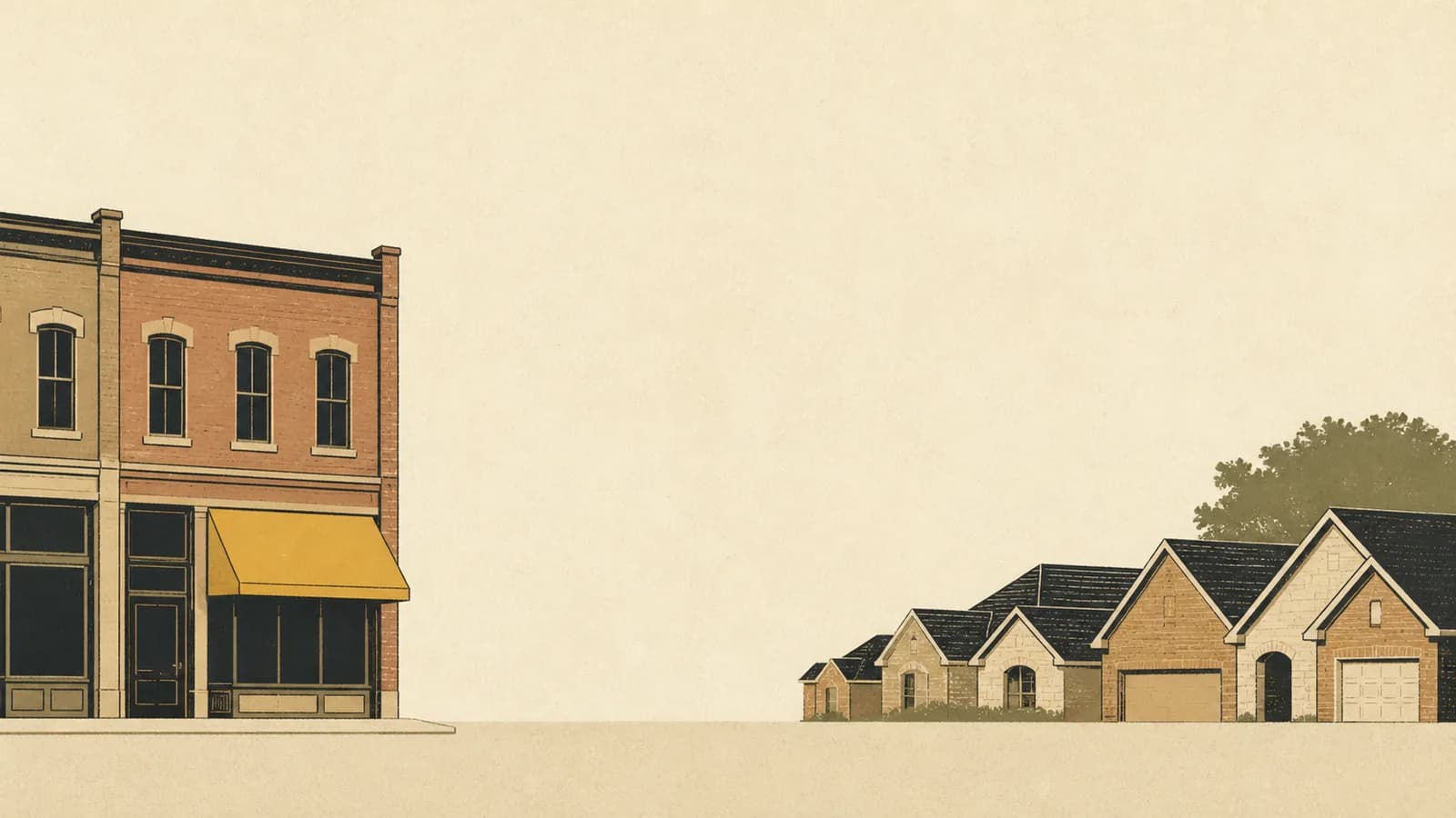 Illustration of a historic brick storefront block on one side and new suburban rooftops on the other.