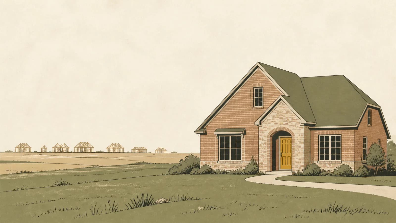 Illustration of one finished house on a large lot with a distant line of bare house frames behind it.