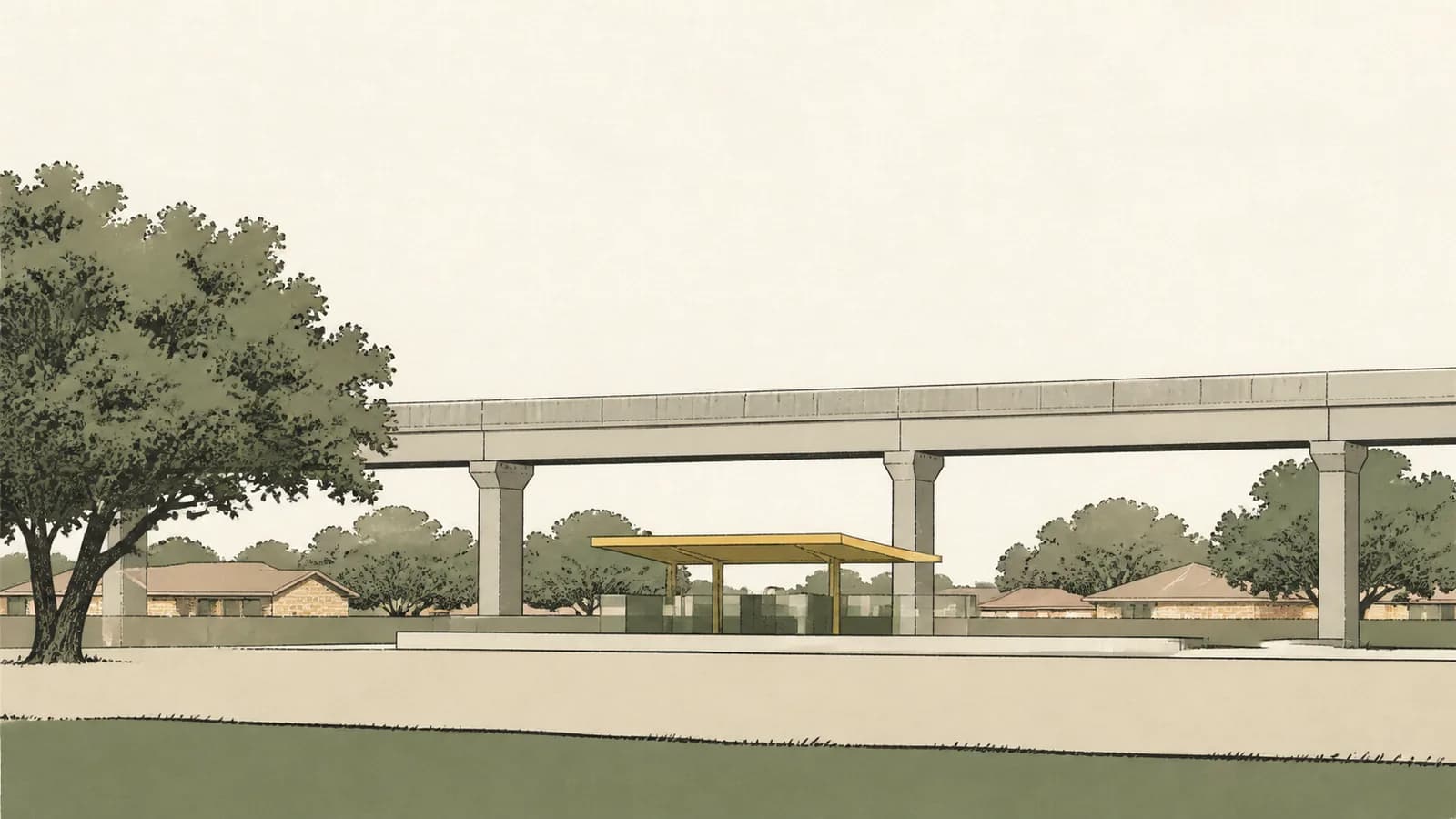 Illustration of a raised rail viaduct crossing the frame with a station platform and rooftops below.