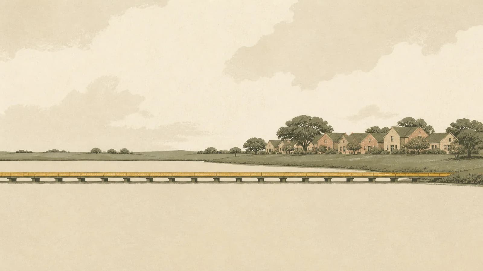 Illustration of a broad lake crossed by one long causeway with rooftops on the far shore.