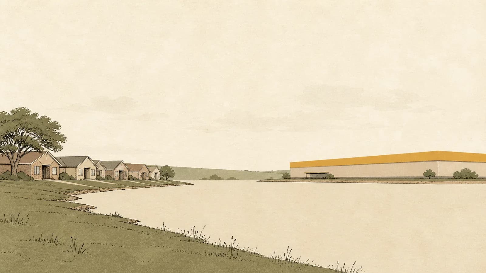 Illustration of modest lakeside houses on one side and a large low retail block on the other.