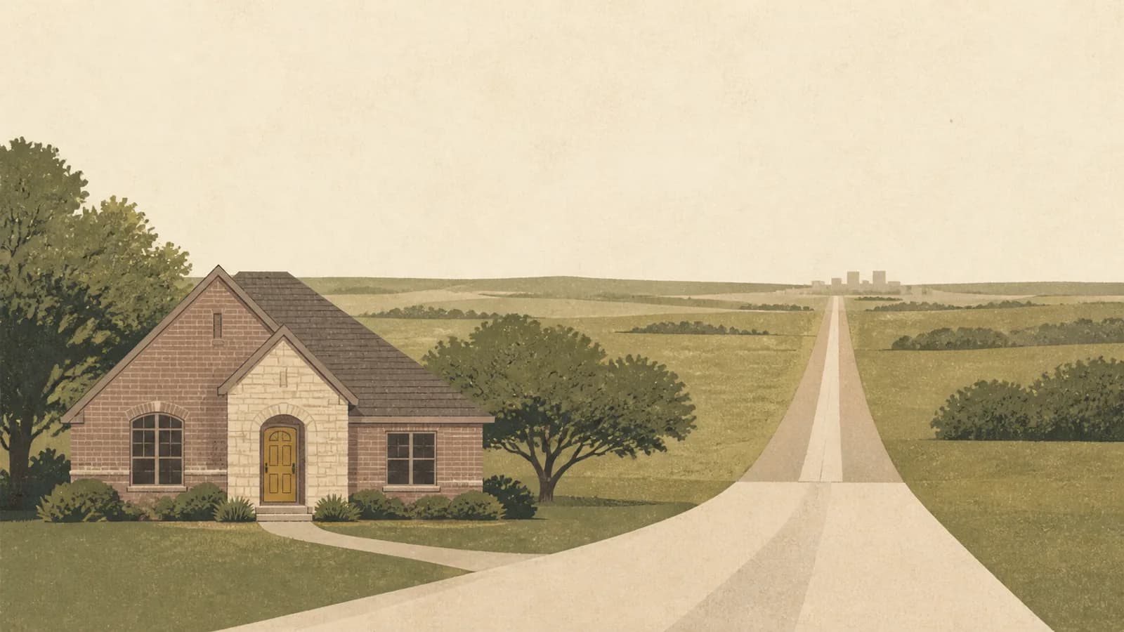 Illustration of a house with a long road receding across flat prairie toward distant shapes.
