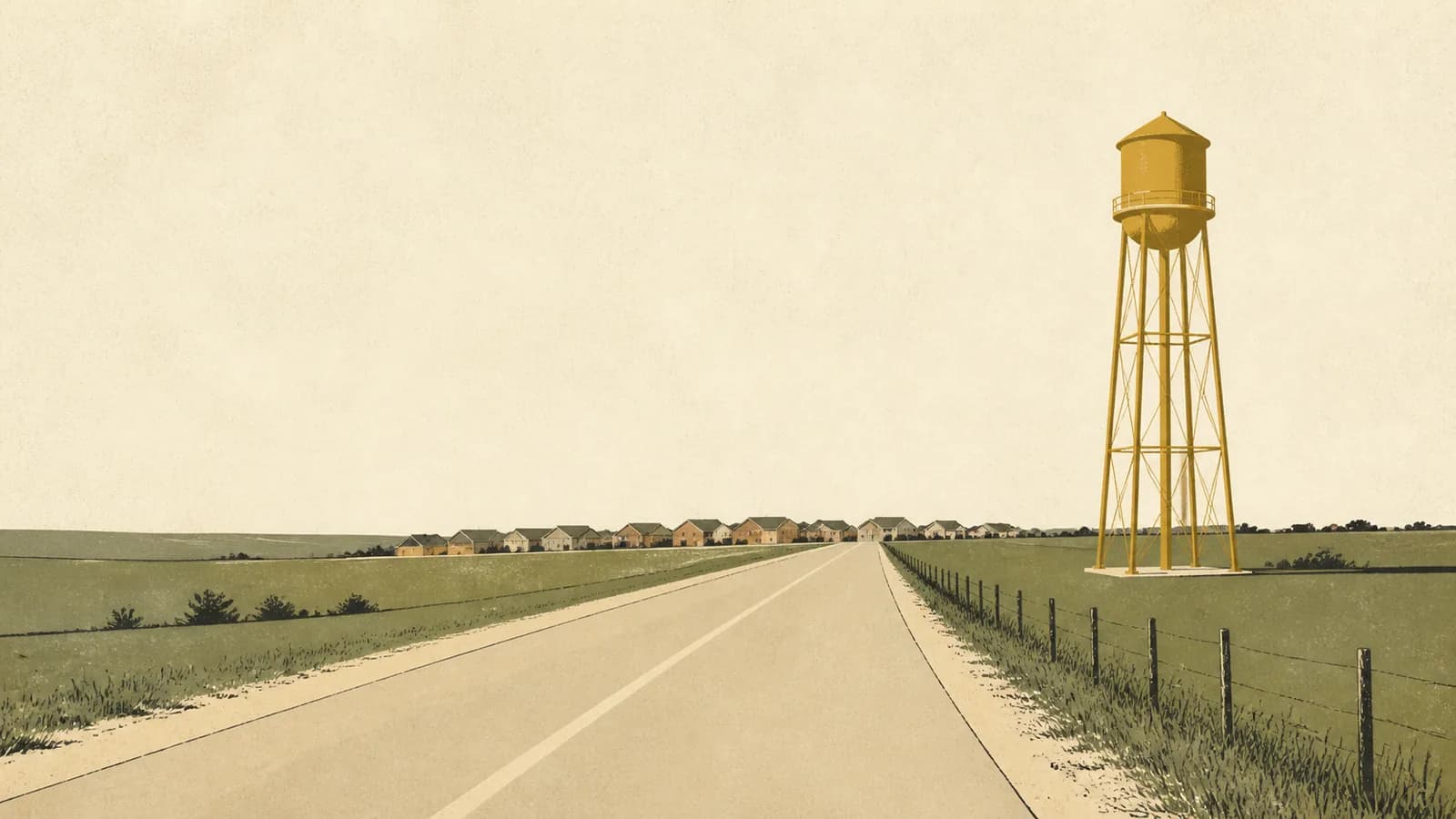 Illustration of a straight two-lane road running past pasture and a water tower toward distant new rooftops.