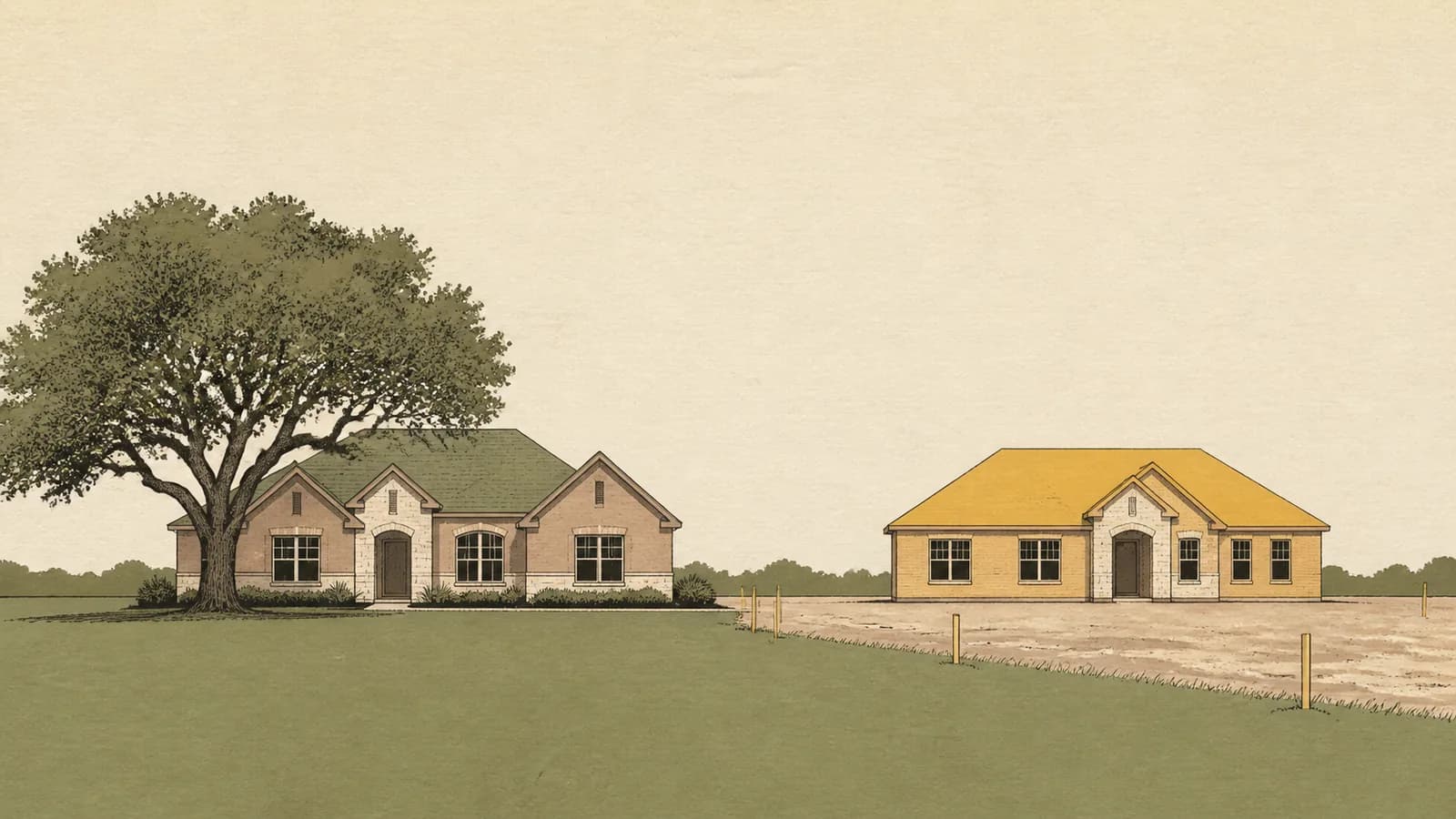 Illustration of a finished house with a mature tree beside a newer house on a bare graded lot.