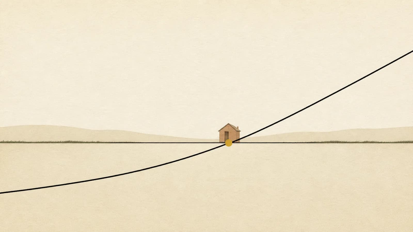 Illustration of two lines crossing once above a prairie horizon with a small house at the crossing.