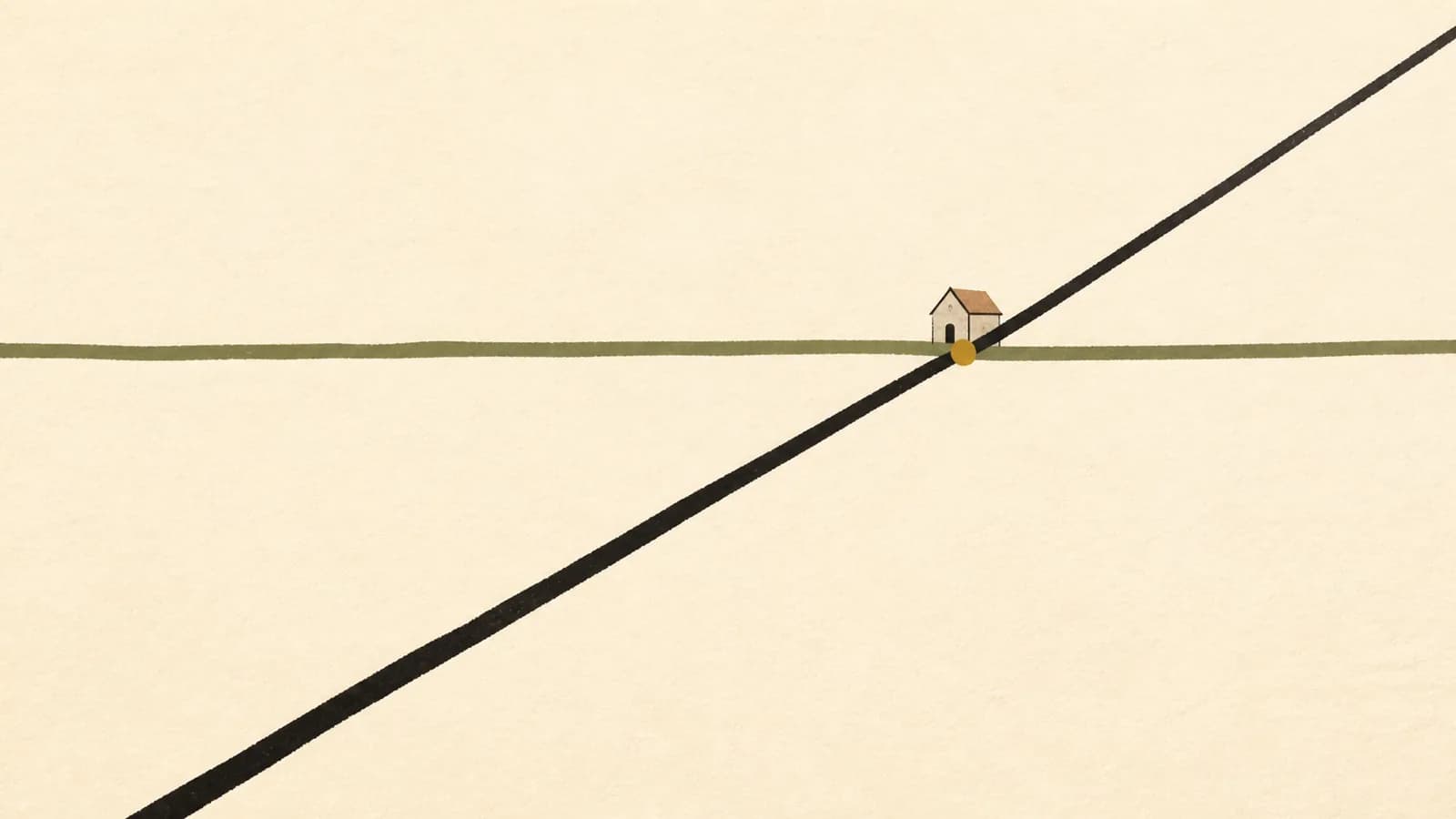 Illustration of a rising line and a flat line crossing at one marked point, with a tiny house at the crossing.