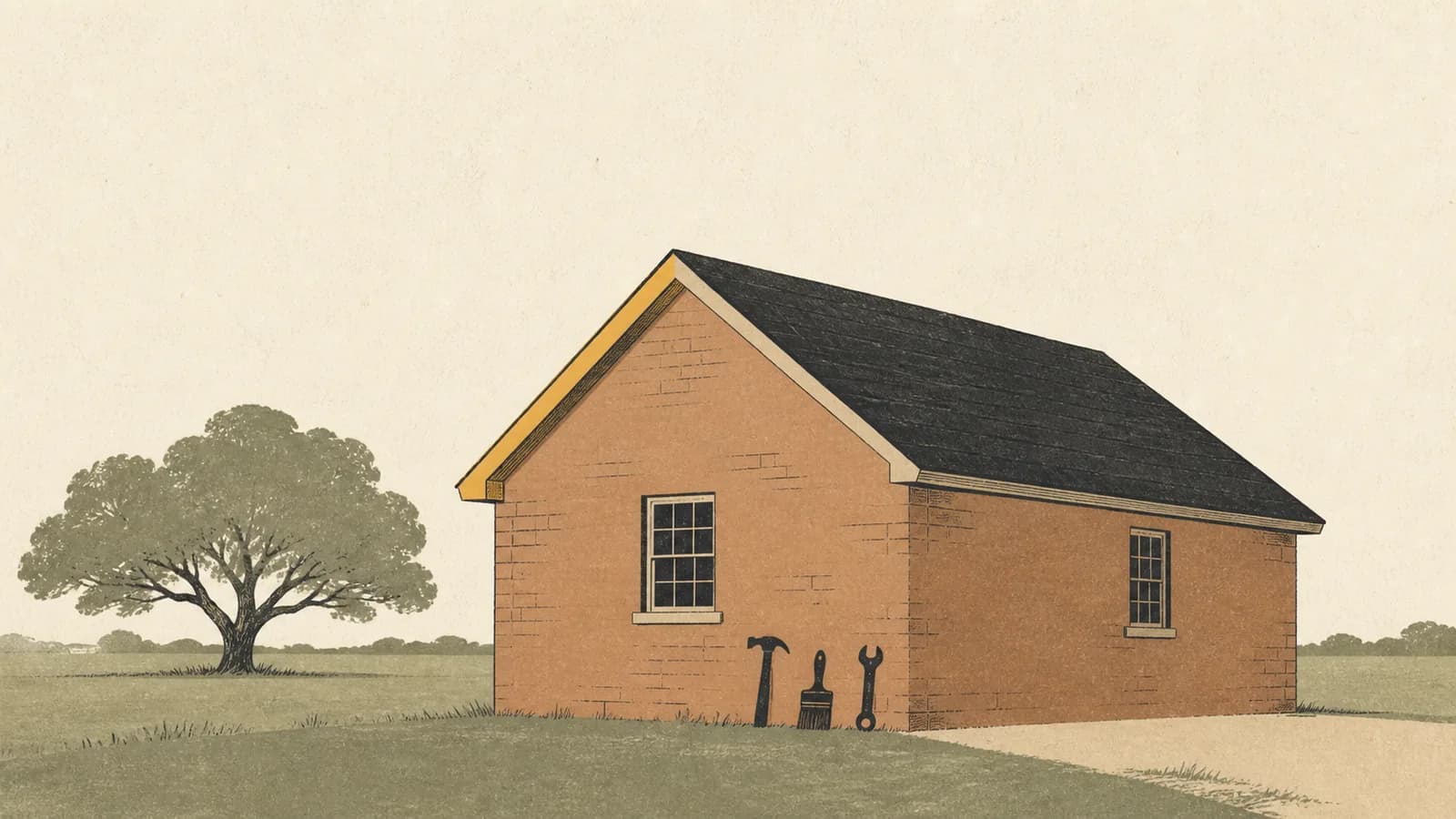 Illustration of a house with small tool shapes at its base and one crisp fresh section of roofline.