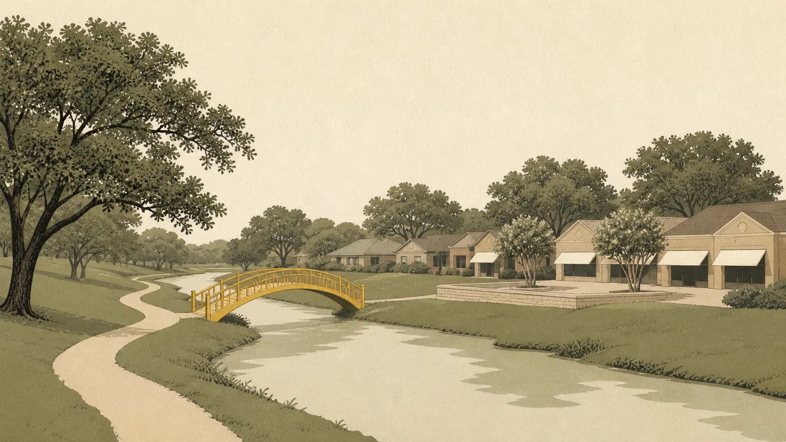 Illustration of a creek with an arched footbridge and trail, rooftops among trees on the far bank.