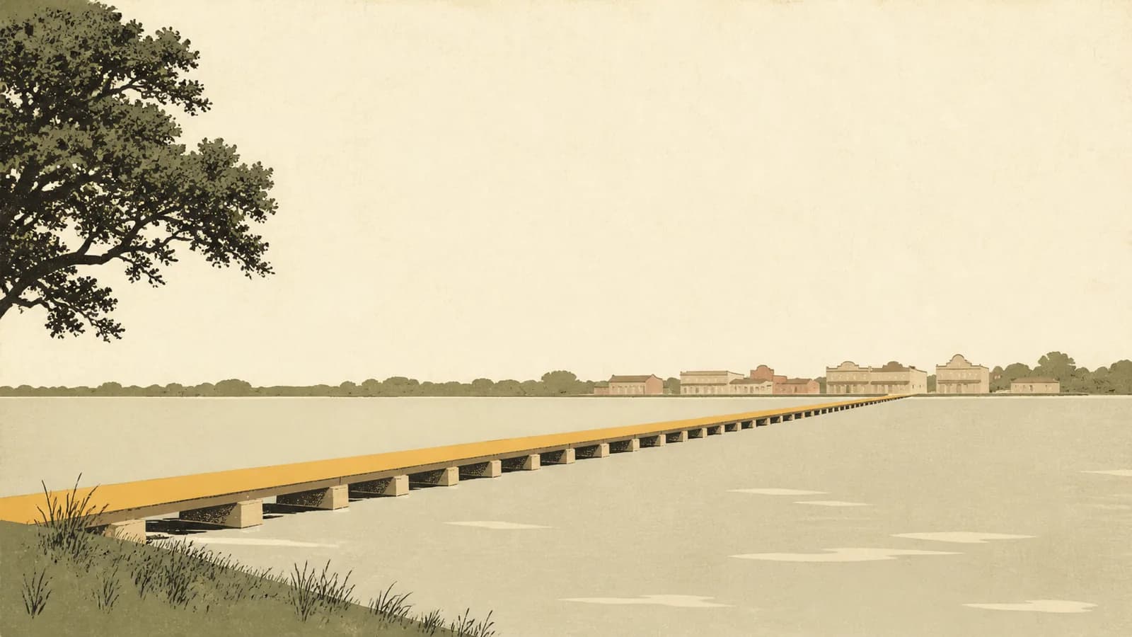 Illustration of a long causeway bridge crossing a lake toward a small historic town on the far shore.
