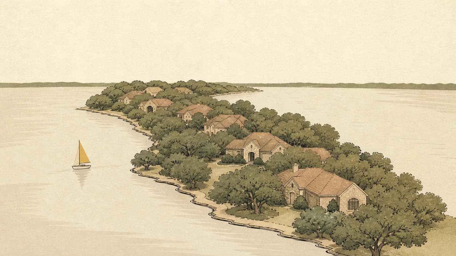 Illustration of a tree-lined peninsula of rooftops surrounded by lake water, with a small sailboat.