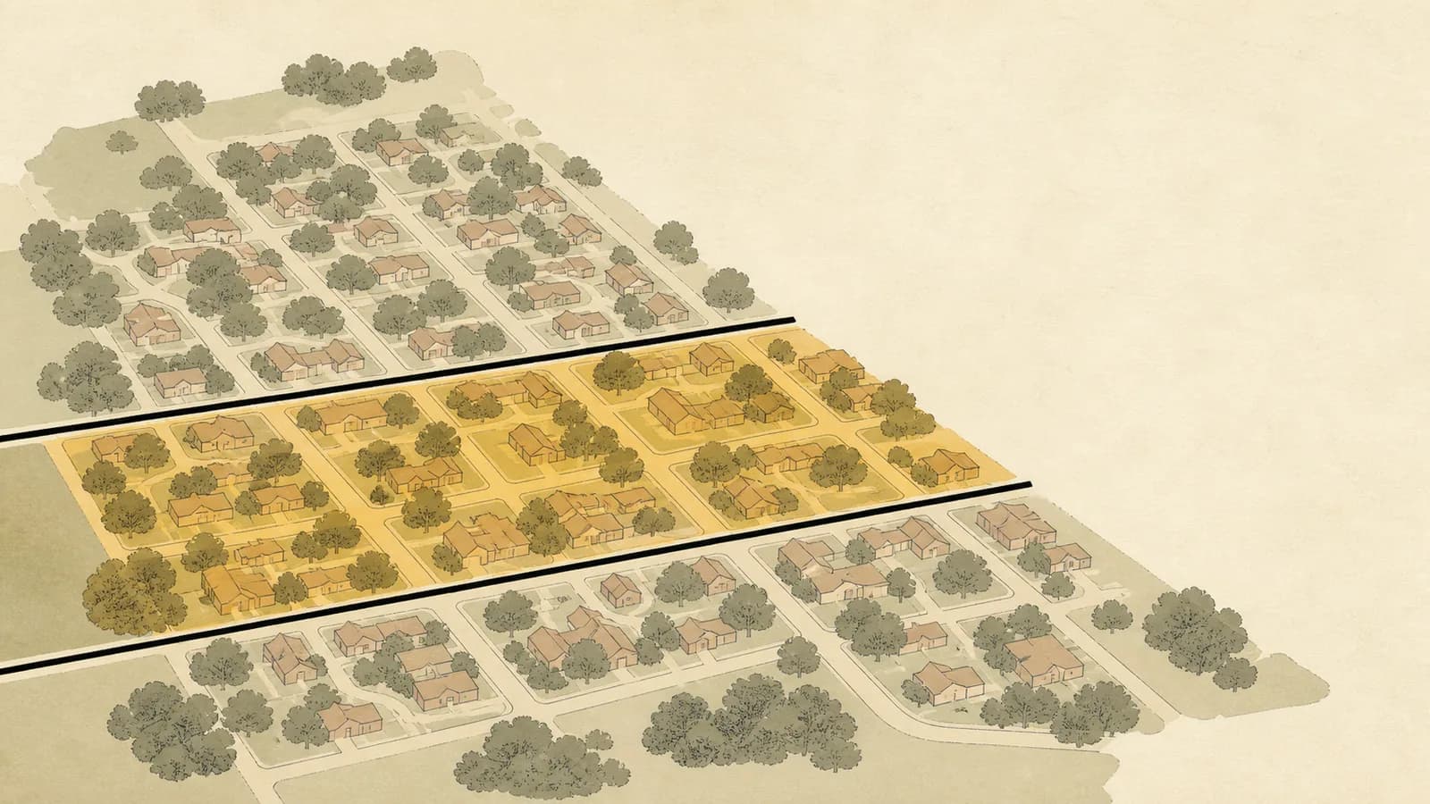 Overhead illustration of a small town divided into three zones by two bold boundary lines.