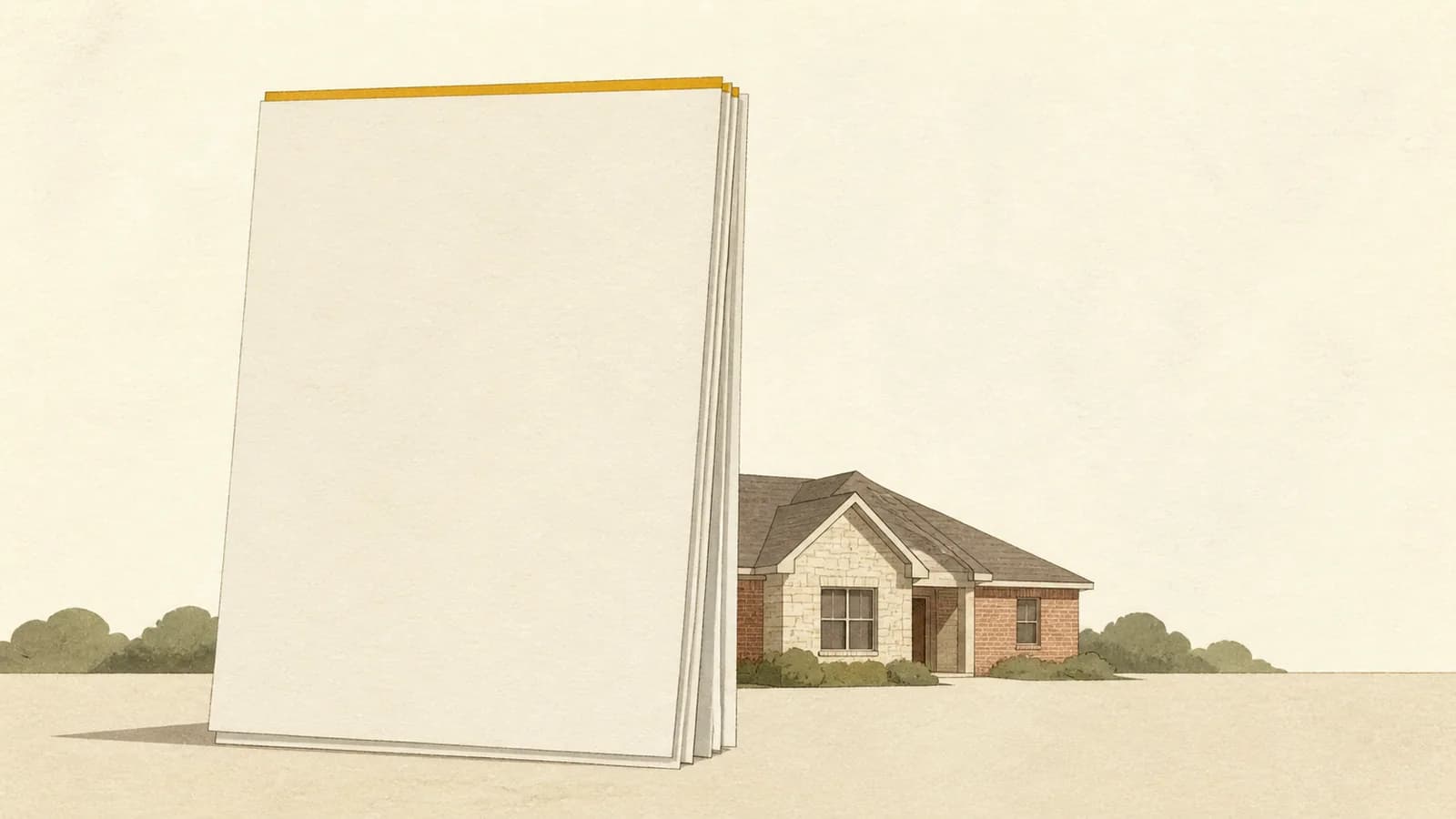 Illustration of a tall blank multi-page document standing in front of a small house.