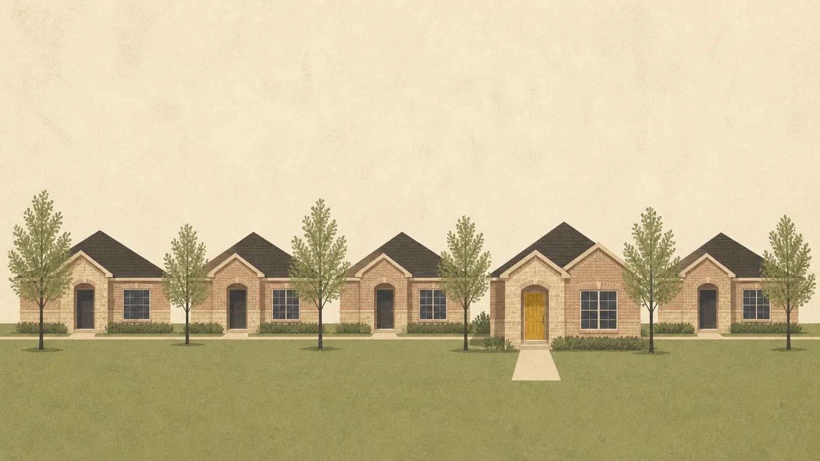 Illustration of five nearly identical brick houses in a row, one standing slightly forward of the others.