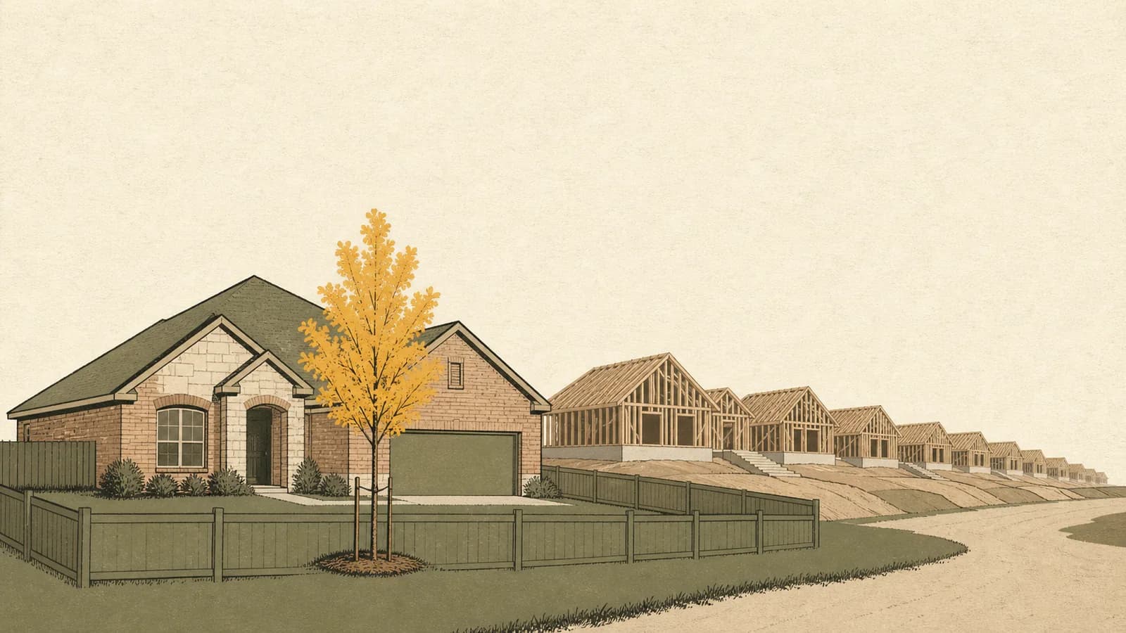 Illustration of a finished house with a planted tree in front of a line of houses under construction.