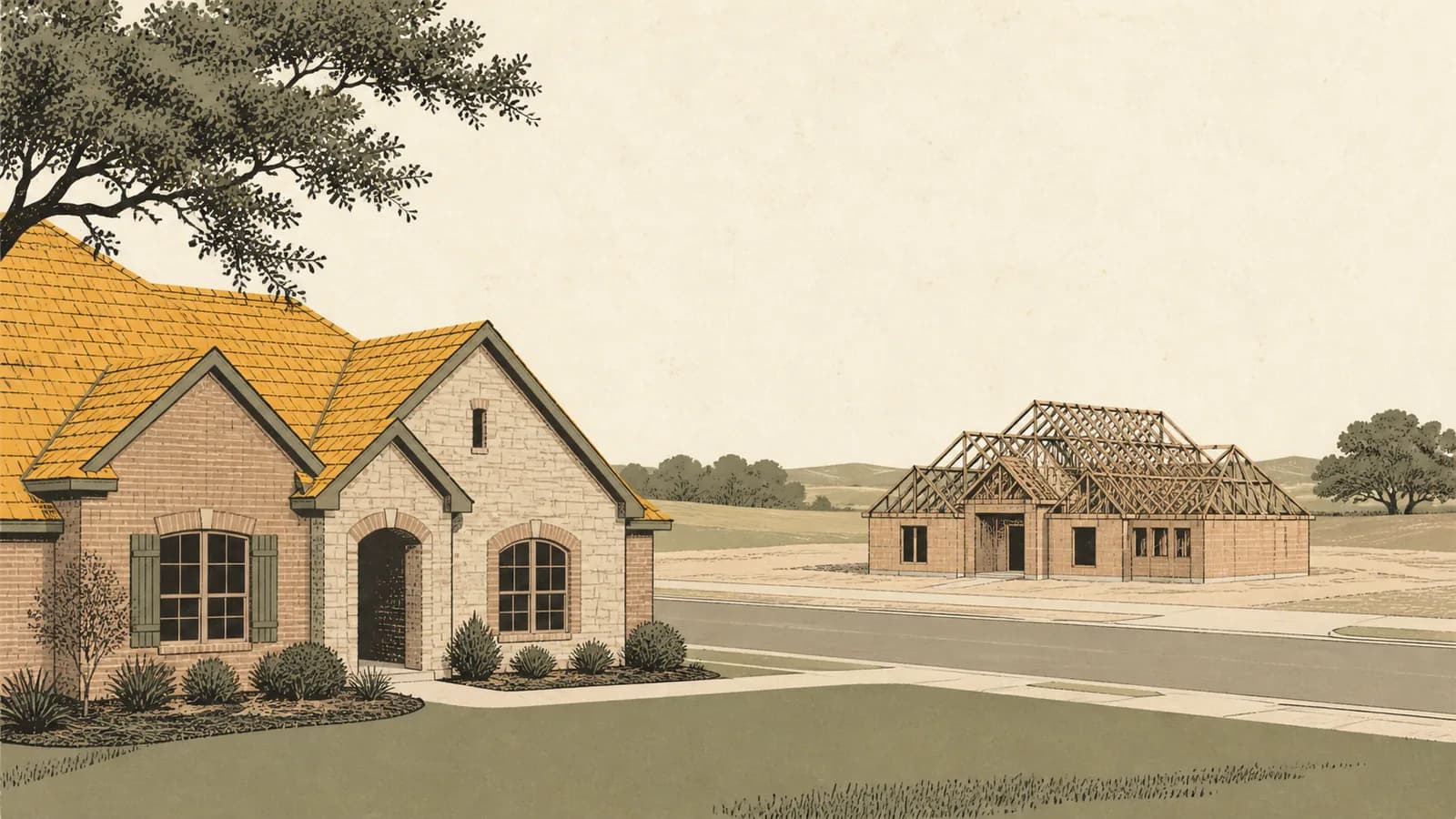 Illustration of an established brick house in front, with a new house under construction across the street.