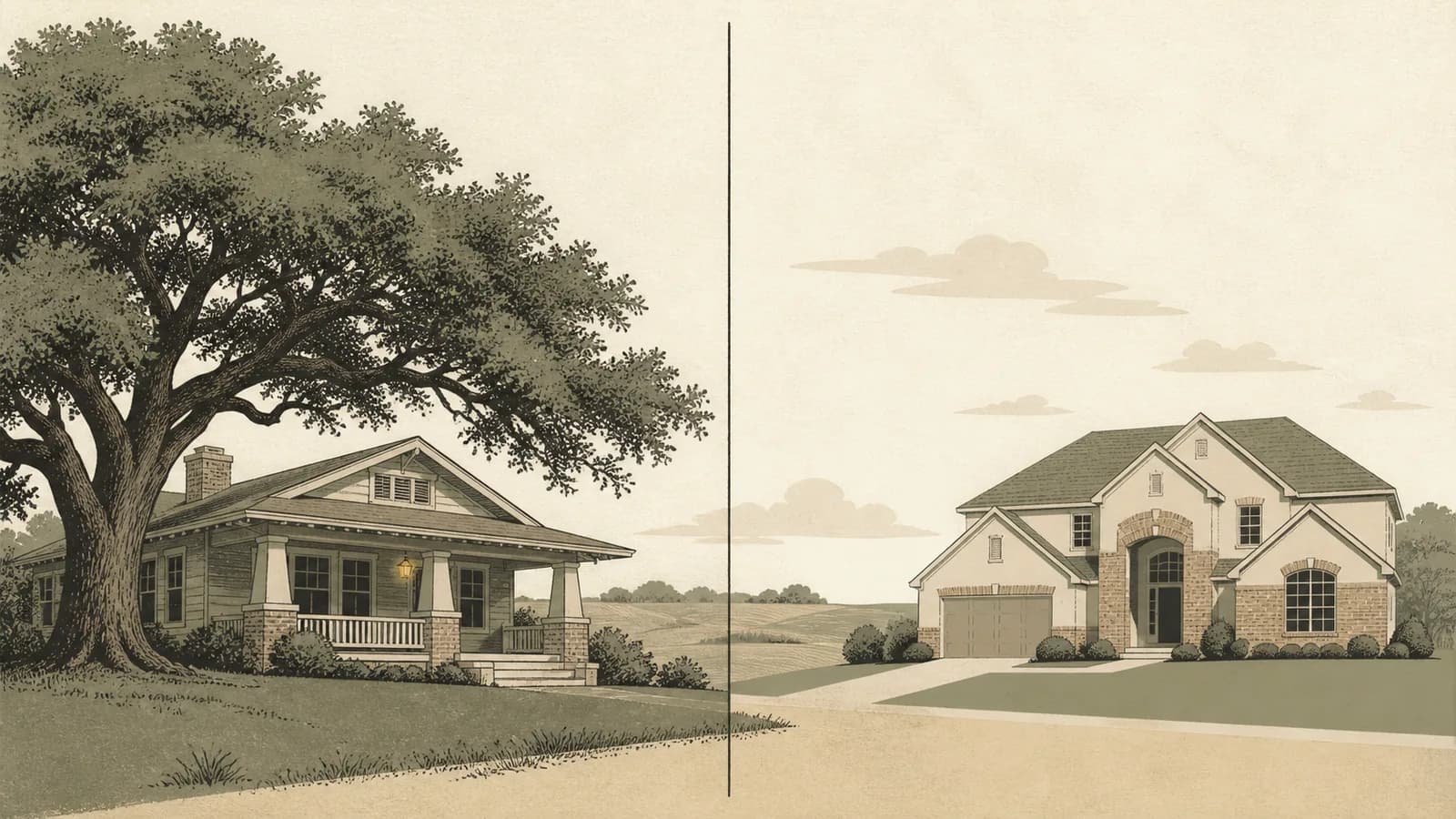 Split illustration comparing a craftsman bungalow under a big oak with a large modern suburban house.