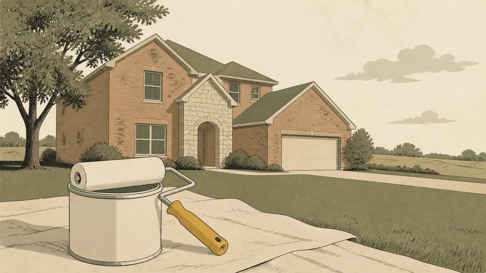 Illustration of a 1990s two-story brick house with a paint roller and blank paint can on a drop cloth in front.