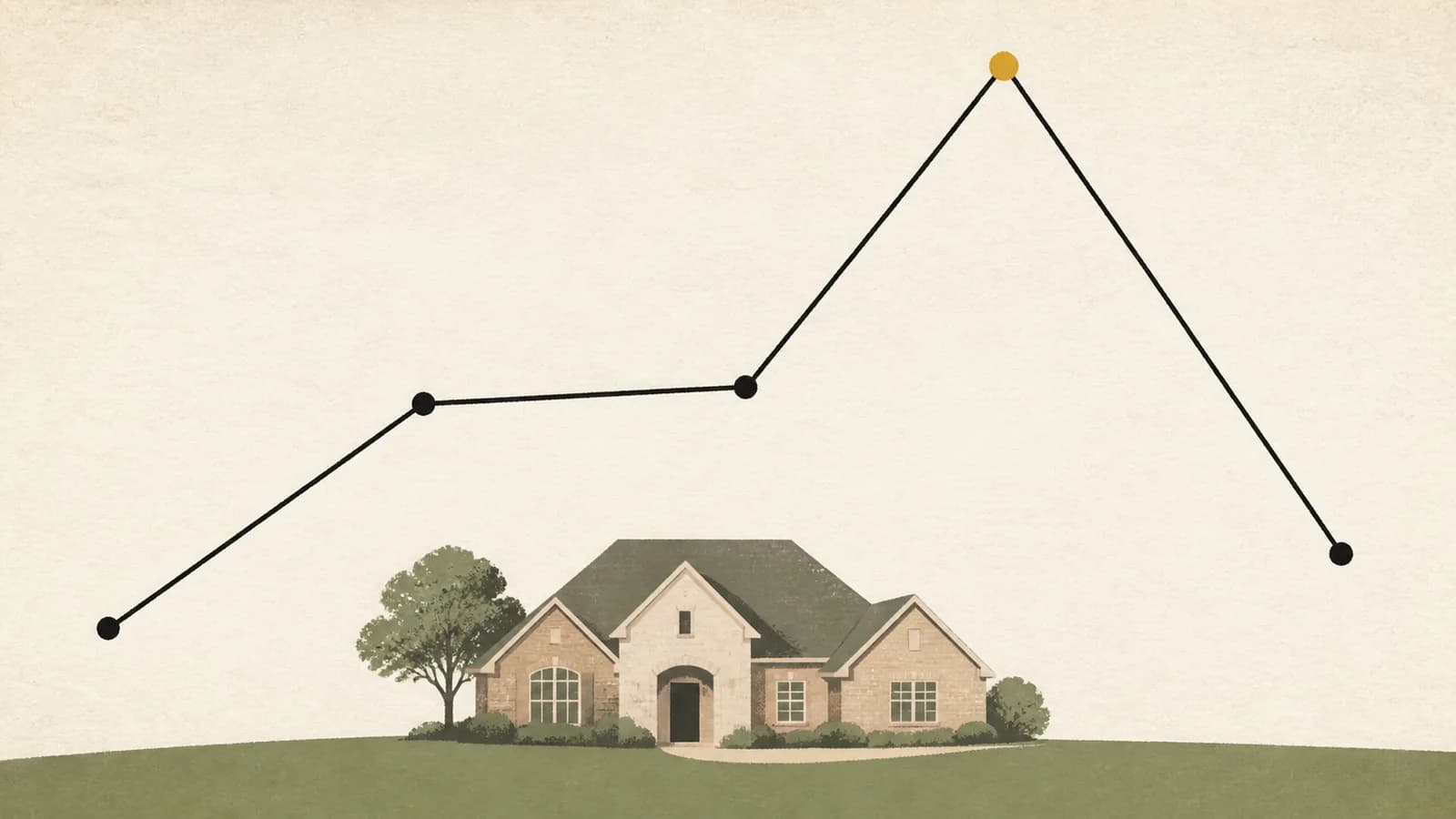 Illustration of a jagged line with one sharp peak drawn above a single small house on empty paper.