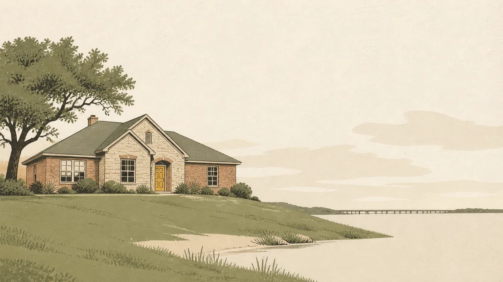 Illustration of a house on a rise above a lake edge with a distant causeway across the water.