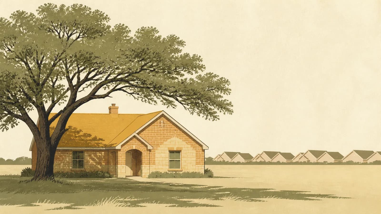 Illustration of an older house under a tree with a row of identical new rooftops behind it.