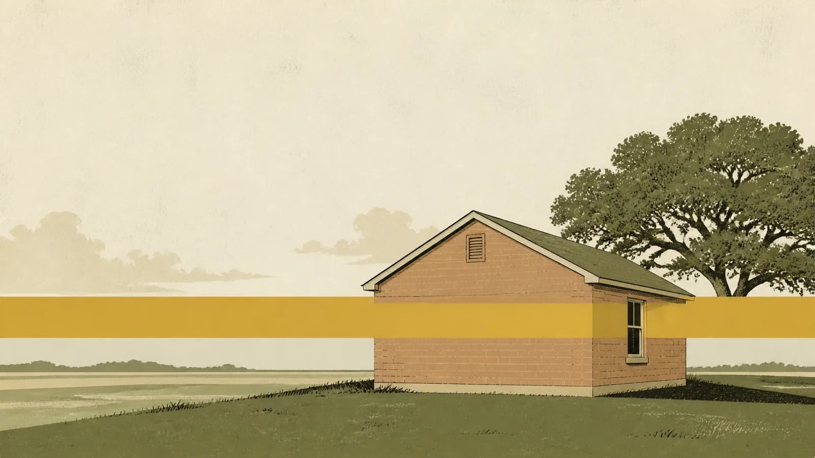 Illustration of a house with a long flat document band running horizontally through it.
