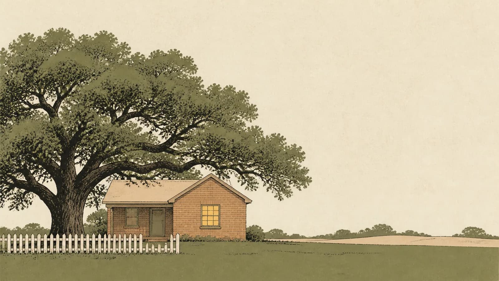 Illustration of an older single-story house under a large oak behind a low picket fence.