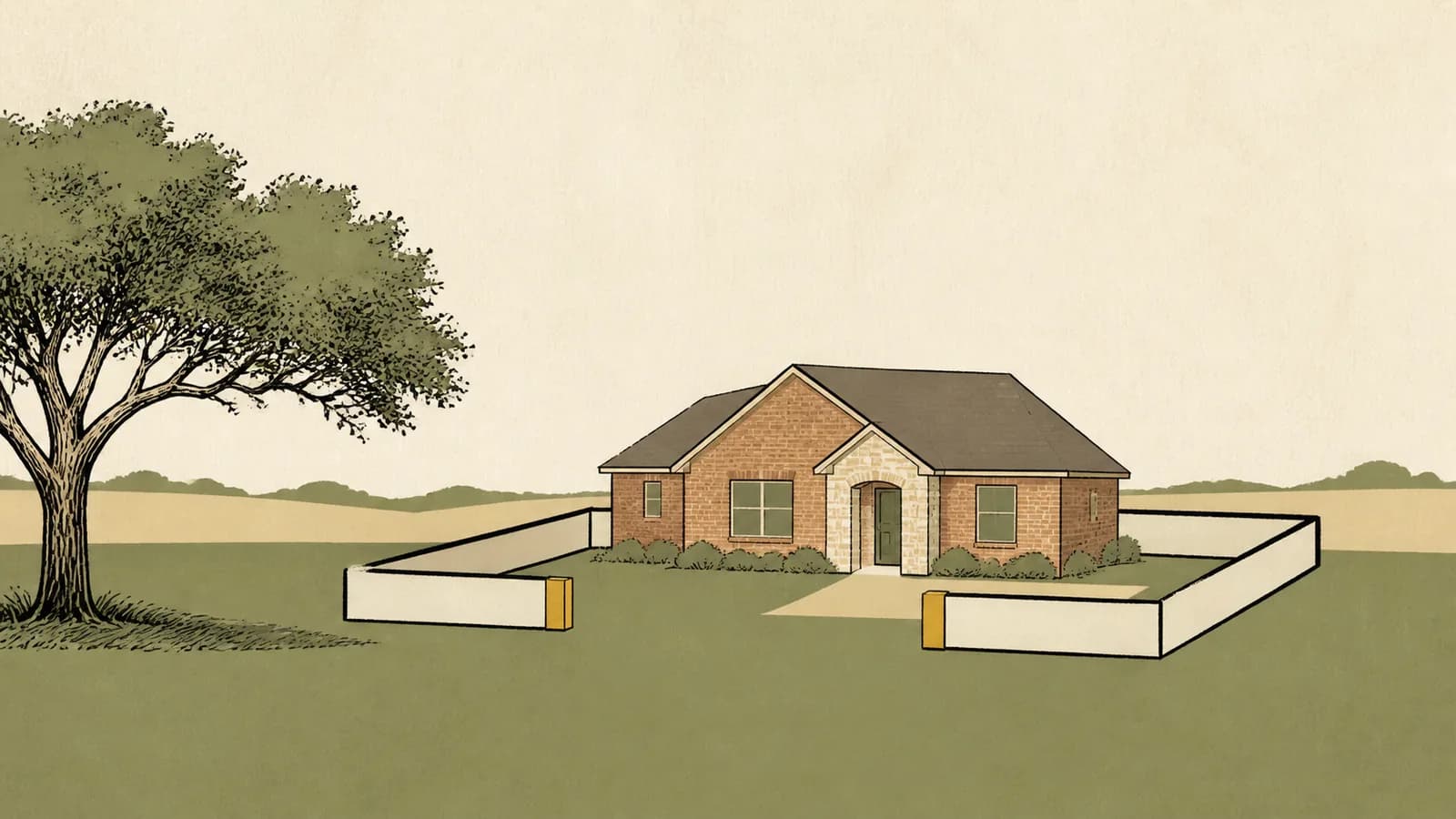 Illustration of a house enclosed by a fence on three sides with one side left open.