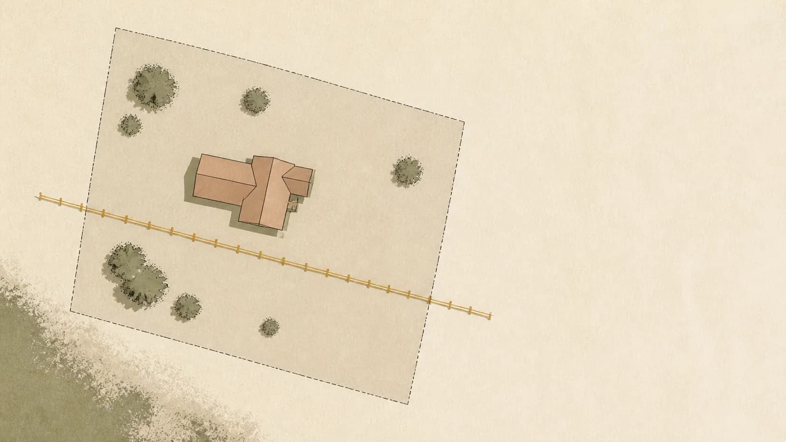 Overhead illustration of a land parcel outline with a house footprint and a fence crossing the line.