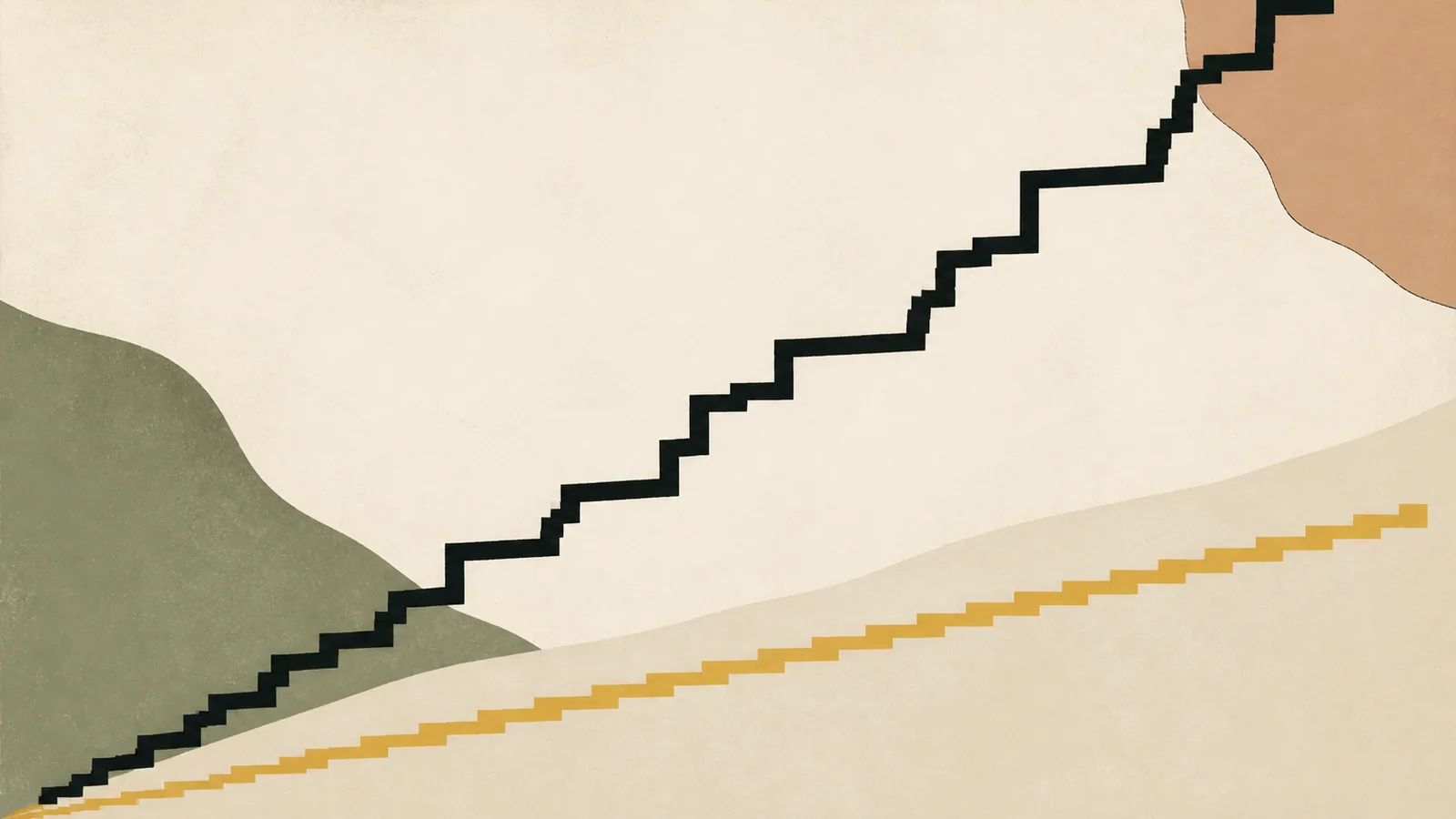 Illustration of a jagged rising line above a second line that climbs in small equal steps.