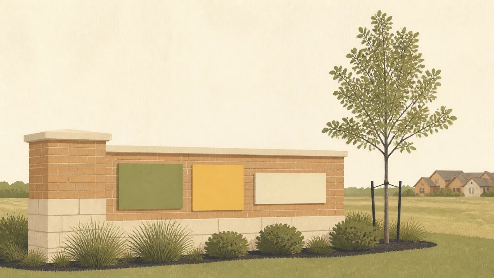 Illustration of a brick neighborhood entry wall carrying three blank plaques of different sizes.