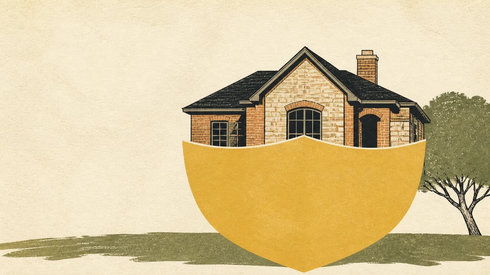 Illustration of a house with a large flat shield shape covering its lower half.