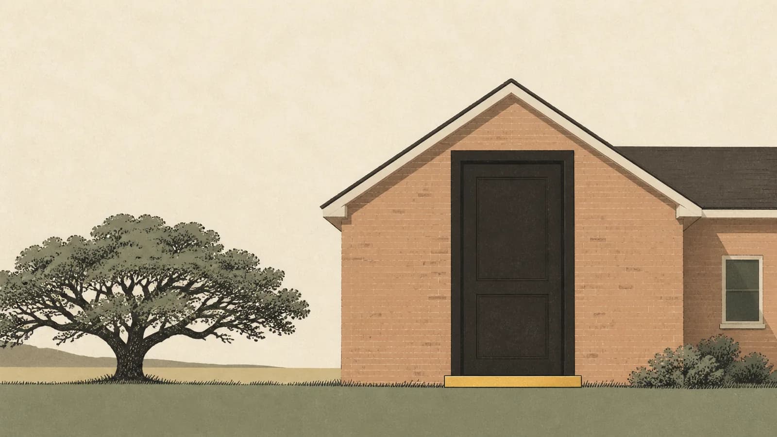 Illustration of a house with an oversized closed door and a heavy threshold line beneath it.