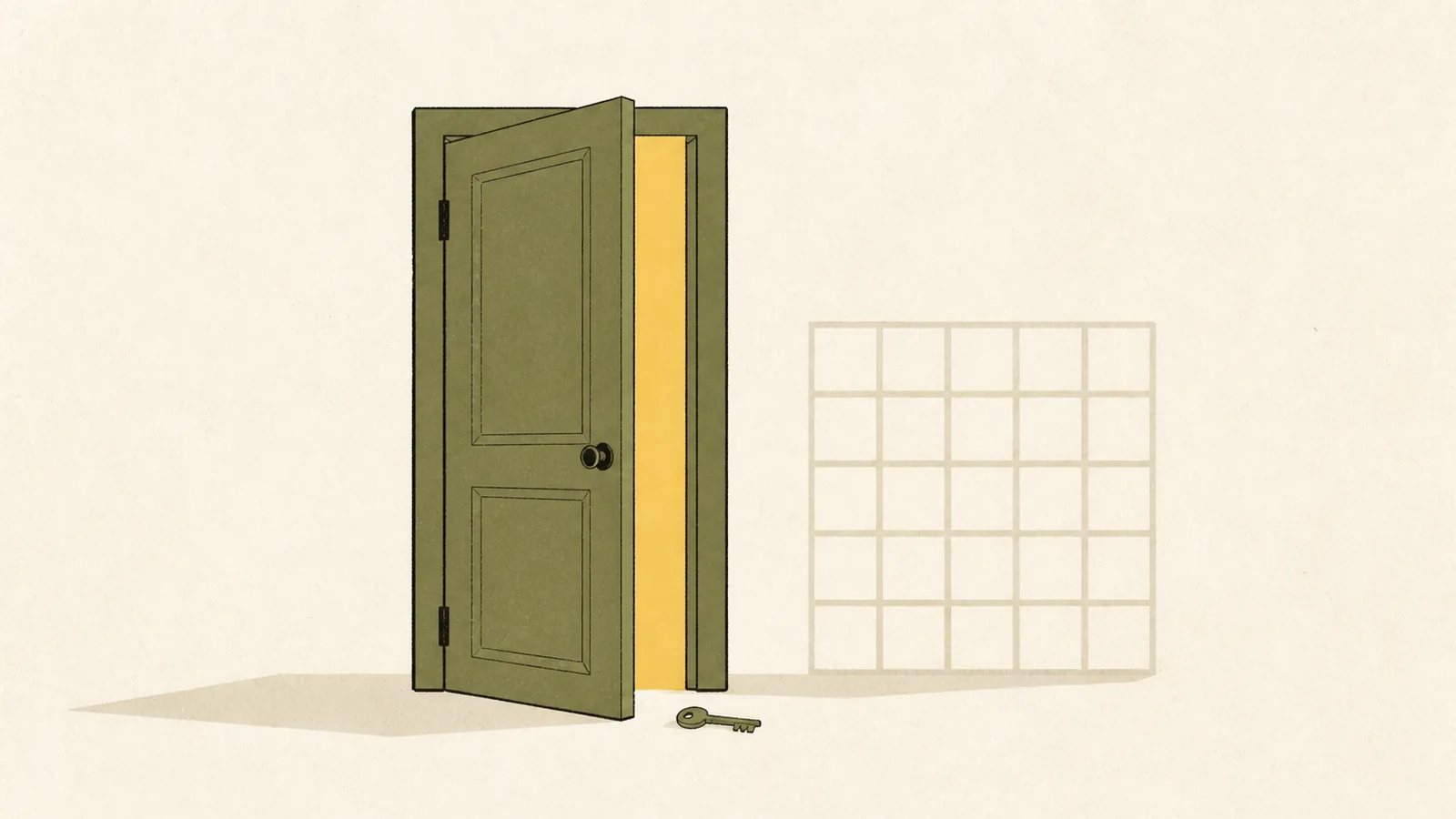 Illustration of a door standing ajar with a key on the ground and a blank calendar grid beside it.