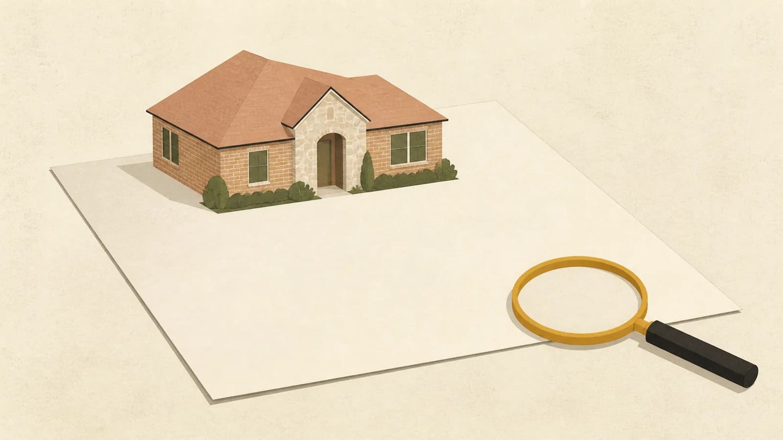 Illustration of a house resting on a large blank document with a magnifying glass across one corner.