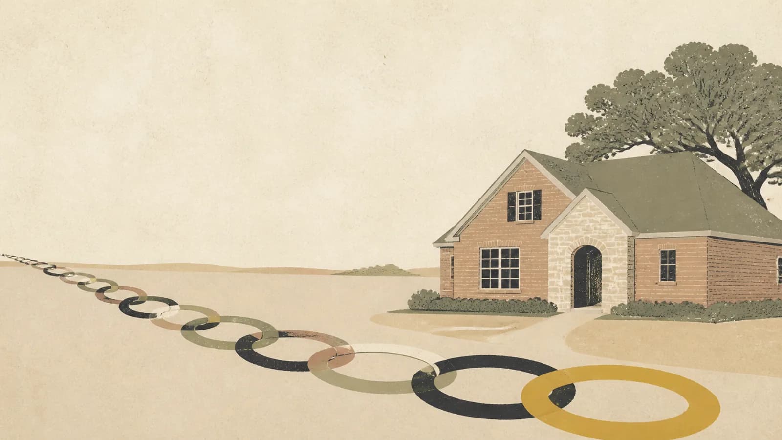 Illustration of a house with a chain of linked rings receding into the distance behind it.