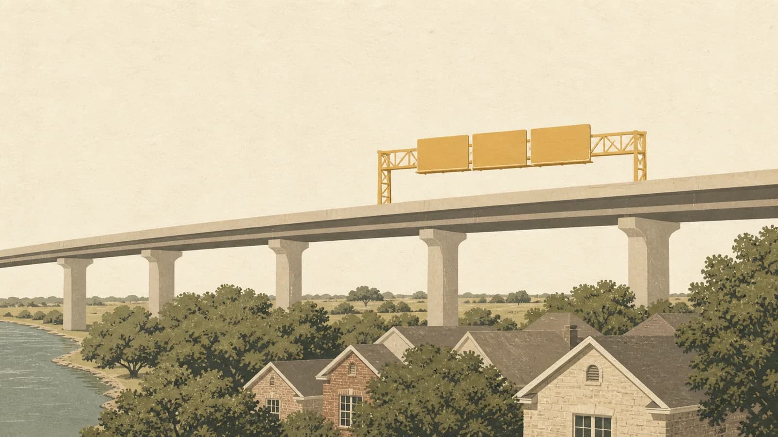 Illustration of an elevated tollway on piers above modest rooftops, with lake water at one edge.