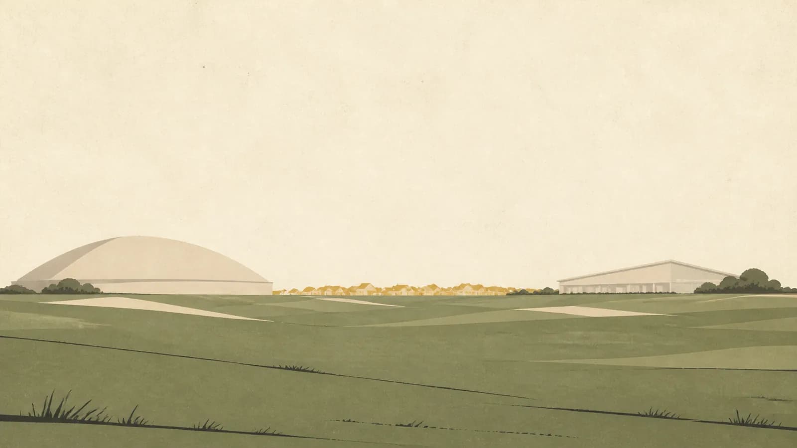 Illustration of two large structures far apart on a prairie horizon with small rooftops between them.