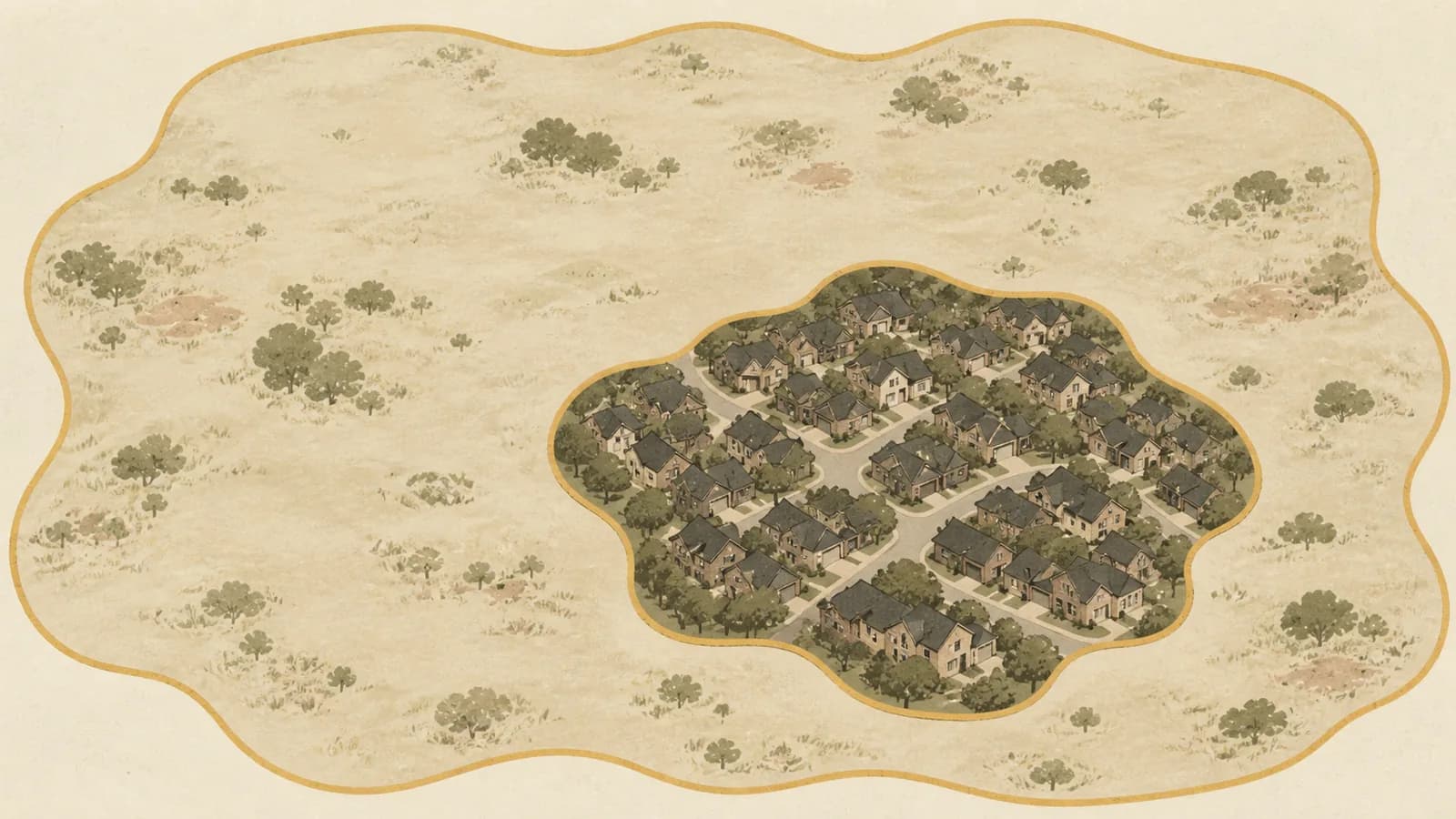 Overhead illustration of a wide zone shape covering the outer frame with rooftops in the centre.
