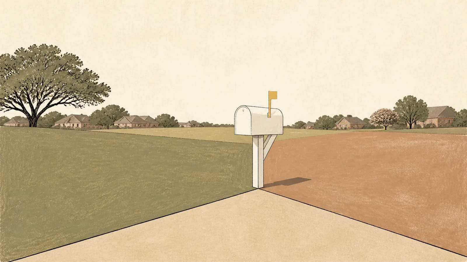 Illustration of a mailbox standing where three differently shaded parcels of ground meet, rooftops beyond.
