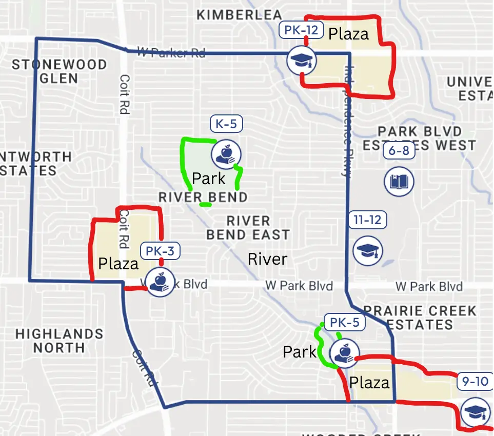 Map highlighting River Bend Plano walkable plazas and dining